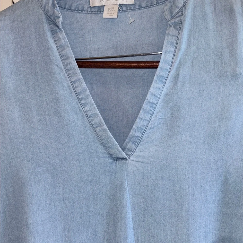AMISU LIGHT BLUE DENIM DRESS TWO TIERED V NECK 3/4β BELL SLEEVES BOTTOM RUFFLE - Picture 8 of 16